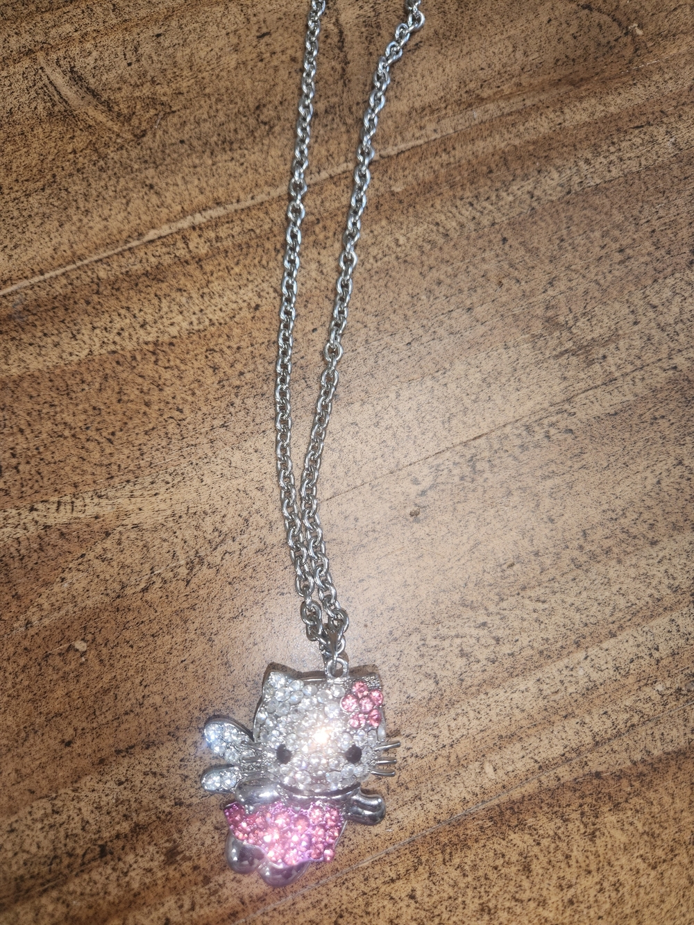 Hello Kitty Silver Tone Necklace with Pink and Clear Crystals